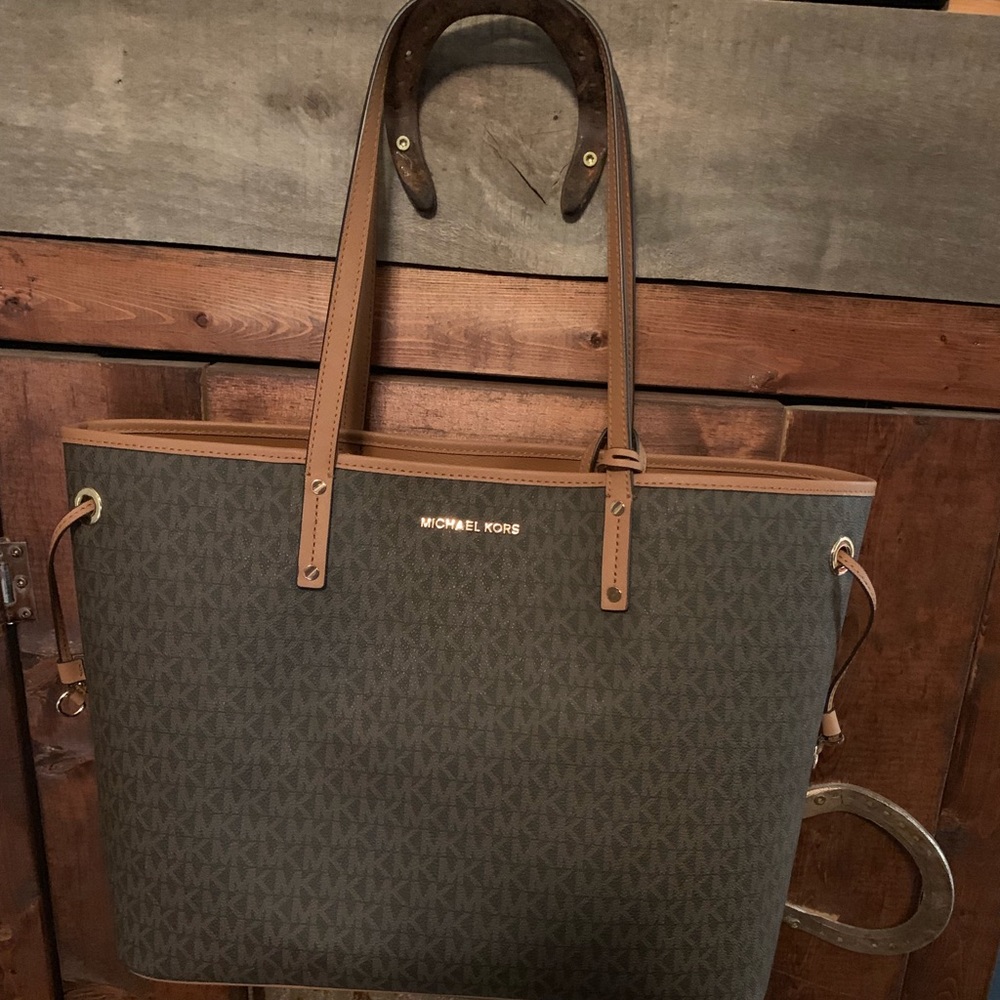 Michael Kors Brown Logo Tote with Tan Trim